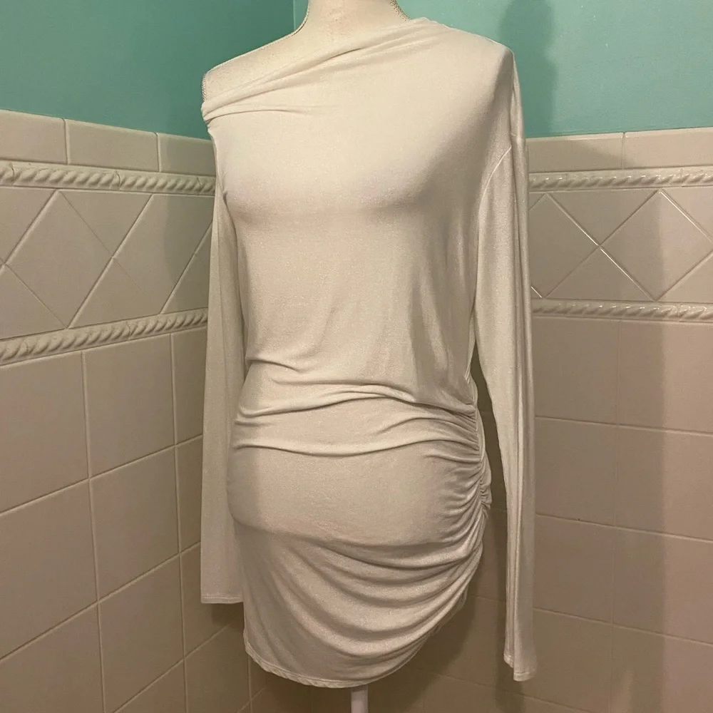 Ivory Shimmer Asymmetrical Ruched Tunic - Picture 7 of 10